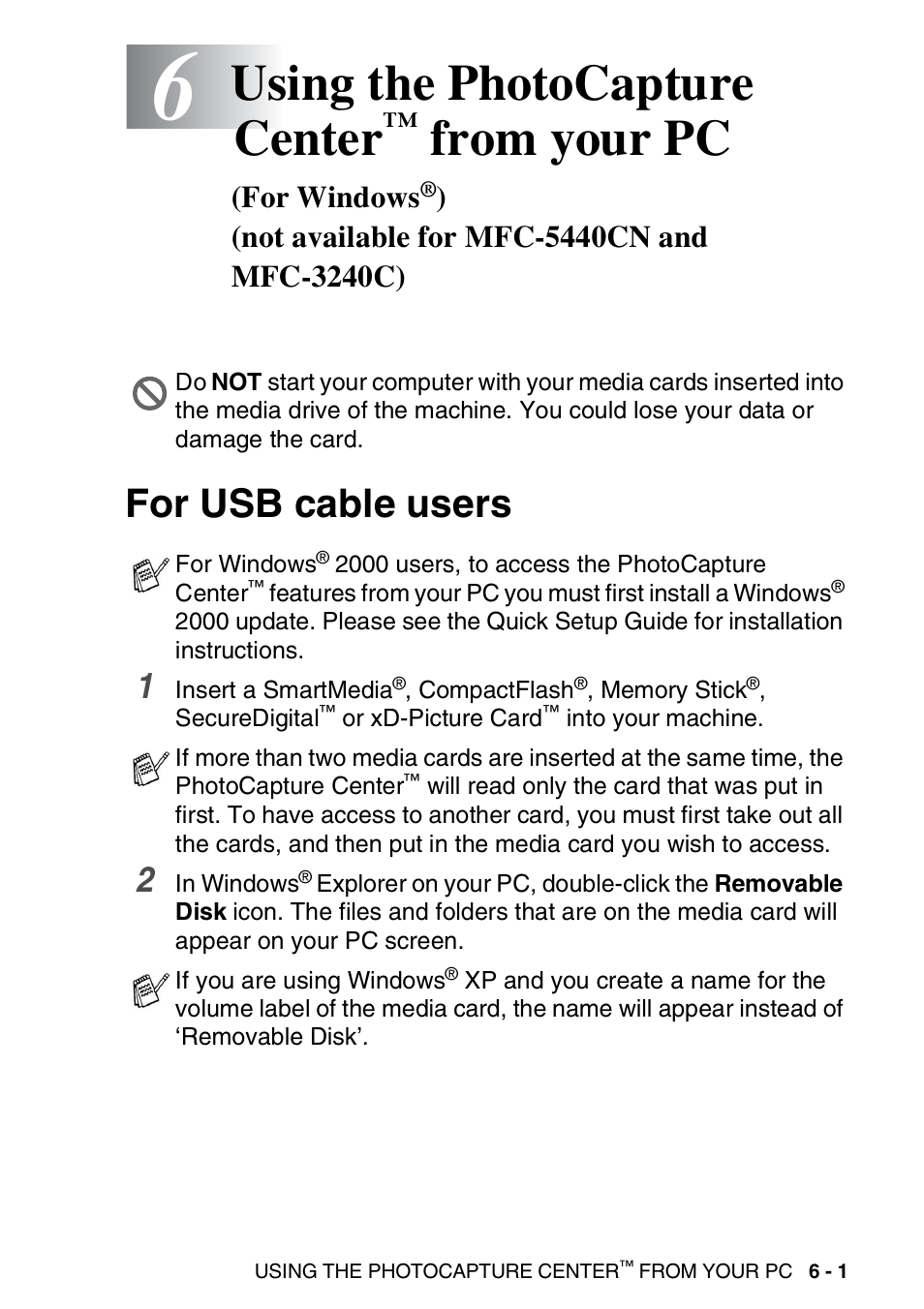 For usb cable users, Using the photocapture center, From your pc | For windows, Not available for mfc-5440cn and mfc-3240c) -1, For usb cable users -1, See using the photocapture center | Brother MFC-3240C User Manual | Page 111 / 173