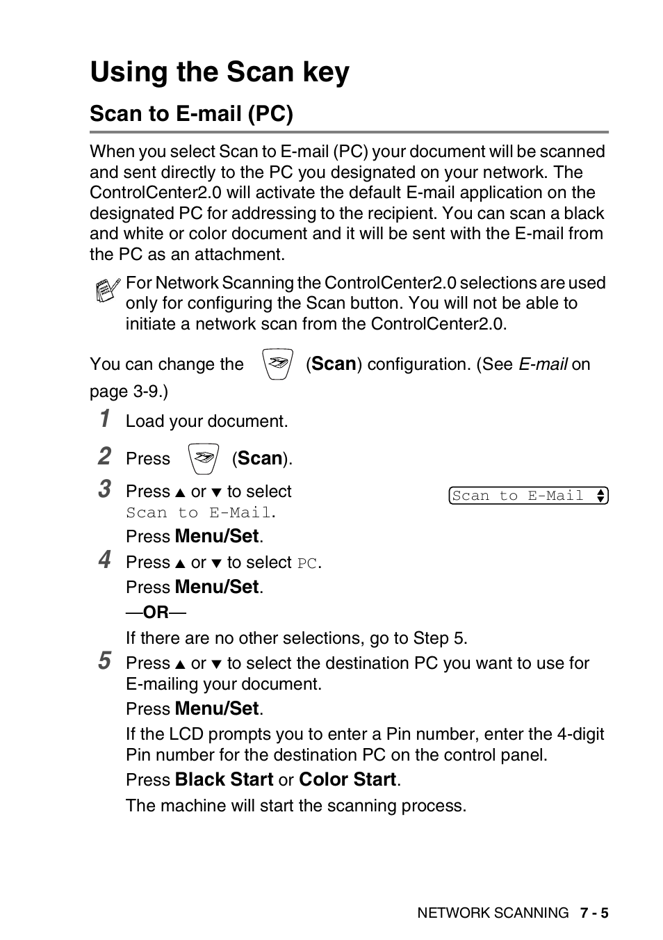 Using the scan key, Scan to e-mail (pc), Using the scan key -5 | Scan to e-mail (pc) -5 | Brother MFC-3240C User Manual | Page 119 / 173