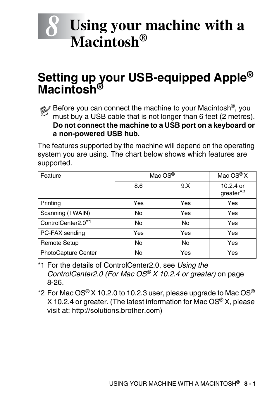 8 using your machine with a macintosh, Setting up your usb-equipped apple® macintosh, Using your machine with a macintosh | Setting up your usb-equipped apple, Macintosh | Brother MFC-3240C User Manual | Page 123 / 173