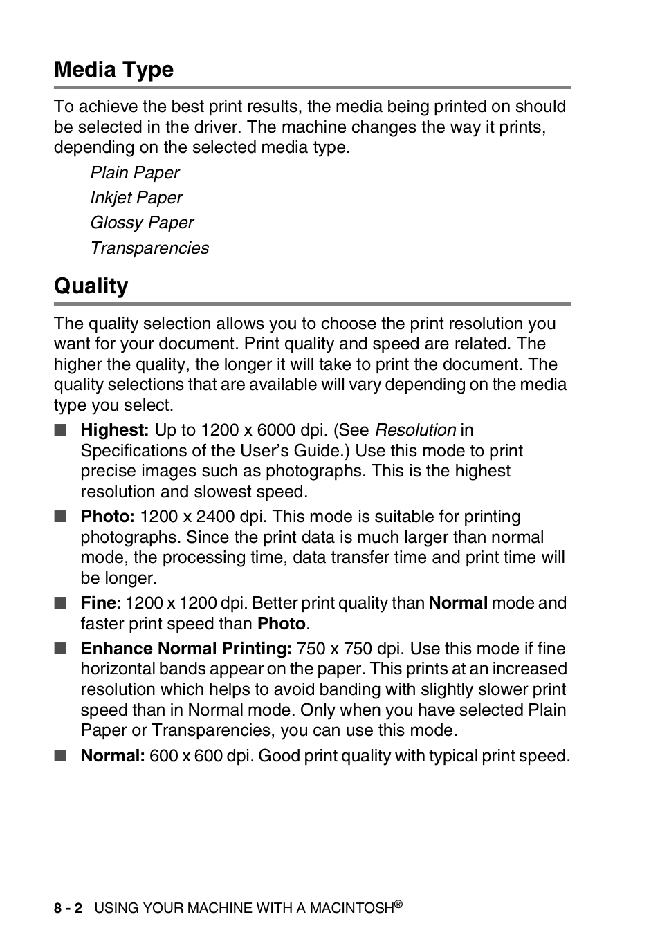 Media type, Quality, Media type -2 quality -2 | Brother MFC-3240C User Manual | Page 124 / 173