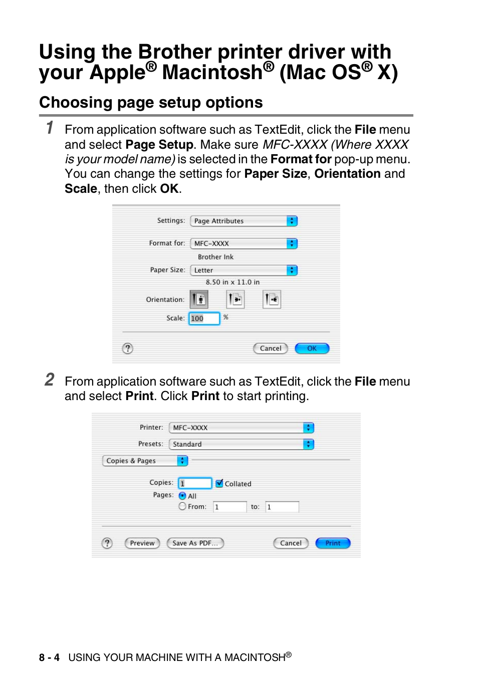 Using the brother printer driver with your apple, Macintosh, Mac os | X) -4, S, see using the brother printer driver with, Your apple | Brother MFC-3240C User Manual | Page 126 / 173