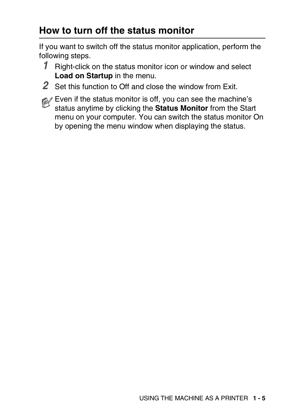 How to turn off the status monitor, How to turn off the status monitor -5 | Brother MFC-3240C User Manual | Page 13 / 173