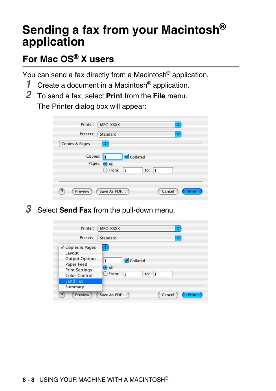 Sending a fax from your macintosh® application, For mac os® x users, Sending a fax from your macintosh | Application -8, For mac os, X users -8, Application | Brother MFC-3240C User Manual | Page 130 / 173