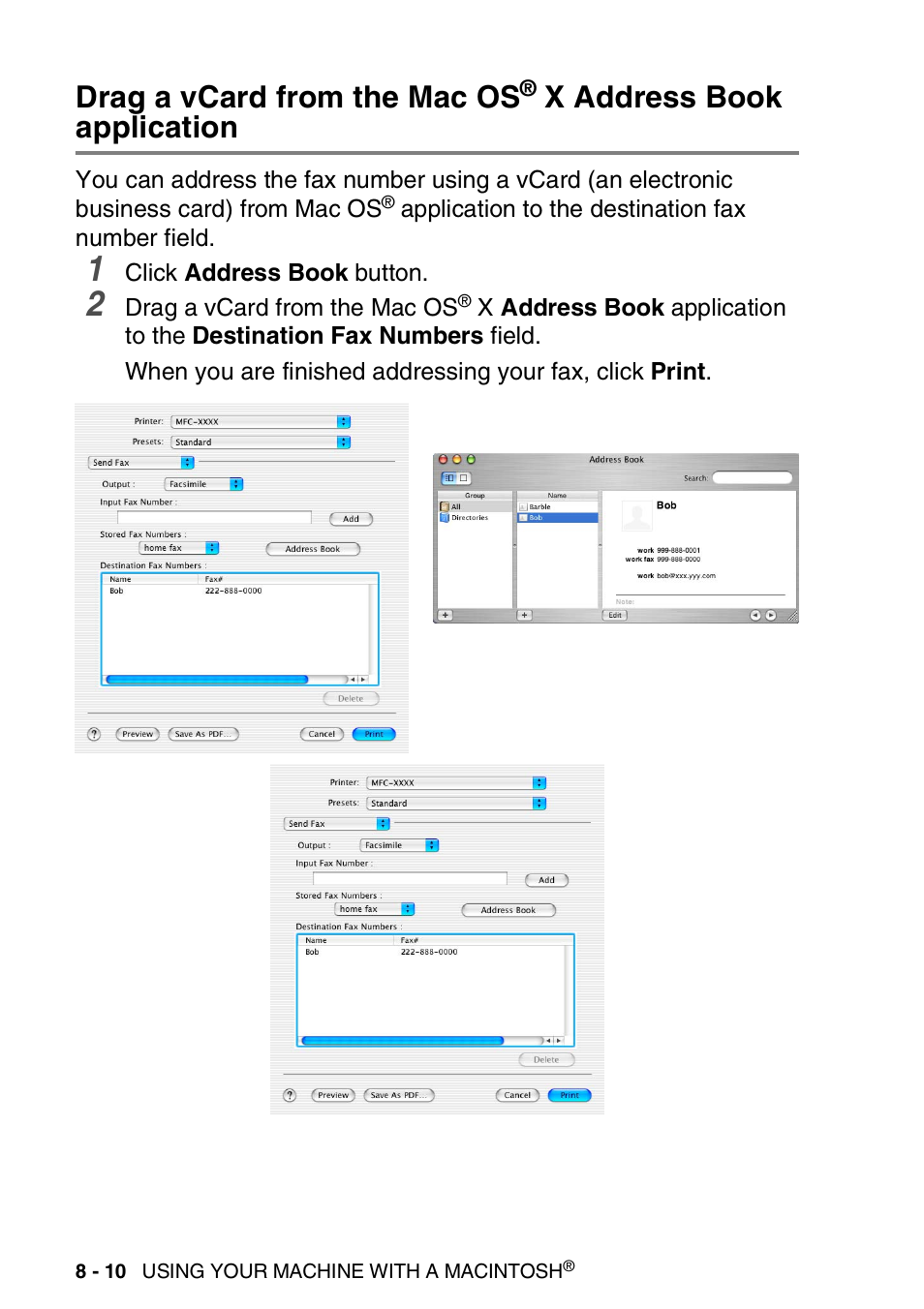 Drag a vcard from the mac os, X address book, Application -10 | X address book application | Brother MFC-3240C User Manual | Page 132 / 173