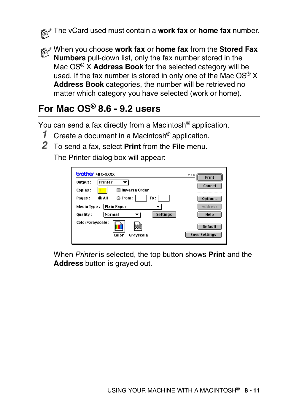 For mac os® 8.6 - 9.2 users, For mac os, 6 - 9.2 users -11 | 6 - 9.2 users | Brother MFC-3240C User Manual | Page 133 / 173