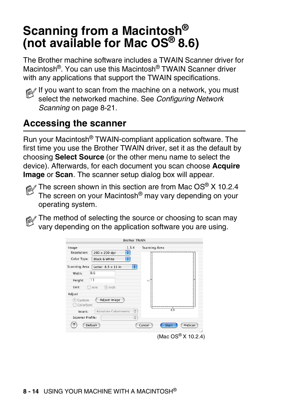Accessing the scanner, Scanning from a macintosh, Not available for mac os | Accessing the scanner -14 | Brother MFC-3240C User Manual | Page 136 / 173