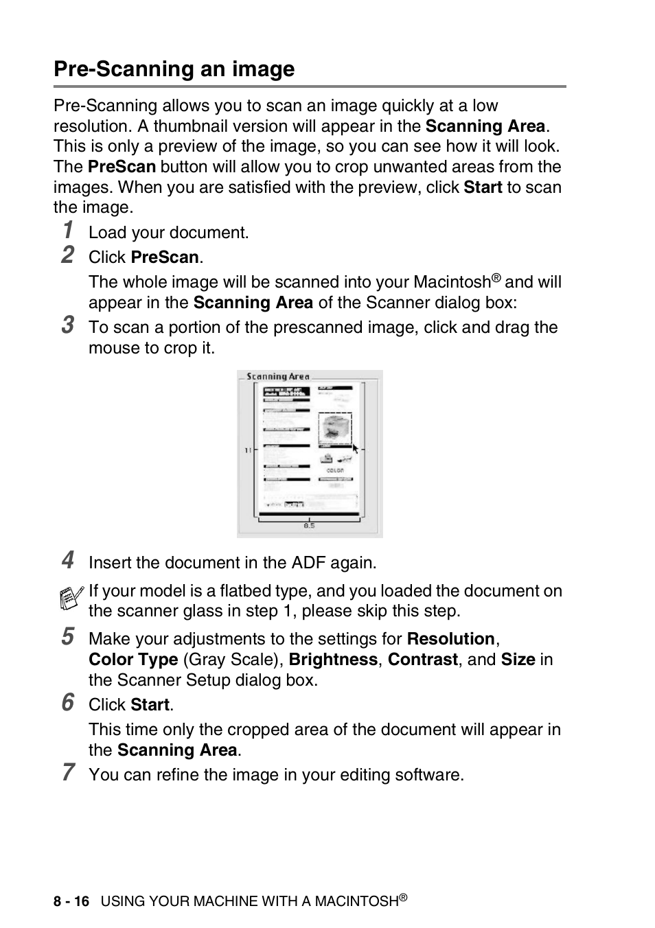 Pre-scanning an image, Pre-scanning an image -16 | Brother MFC-3240C User Manual | Page 138 / 173