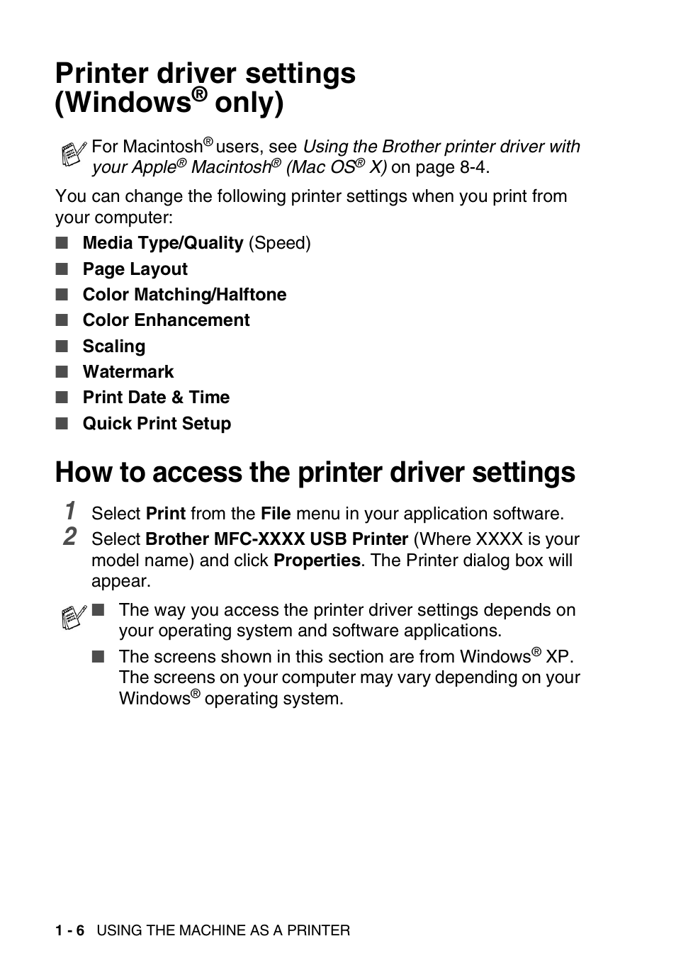 Printer driver settings (windows® only), How to access the printer driver settings, Printer driver settings (windows | Only) -6, How to access the printer driver settings -6, Only) | Brother MFC-3240C User Manual | Page 14 / 173