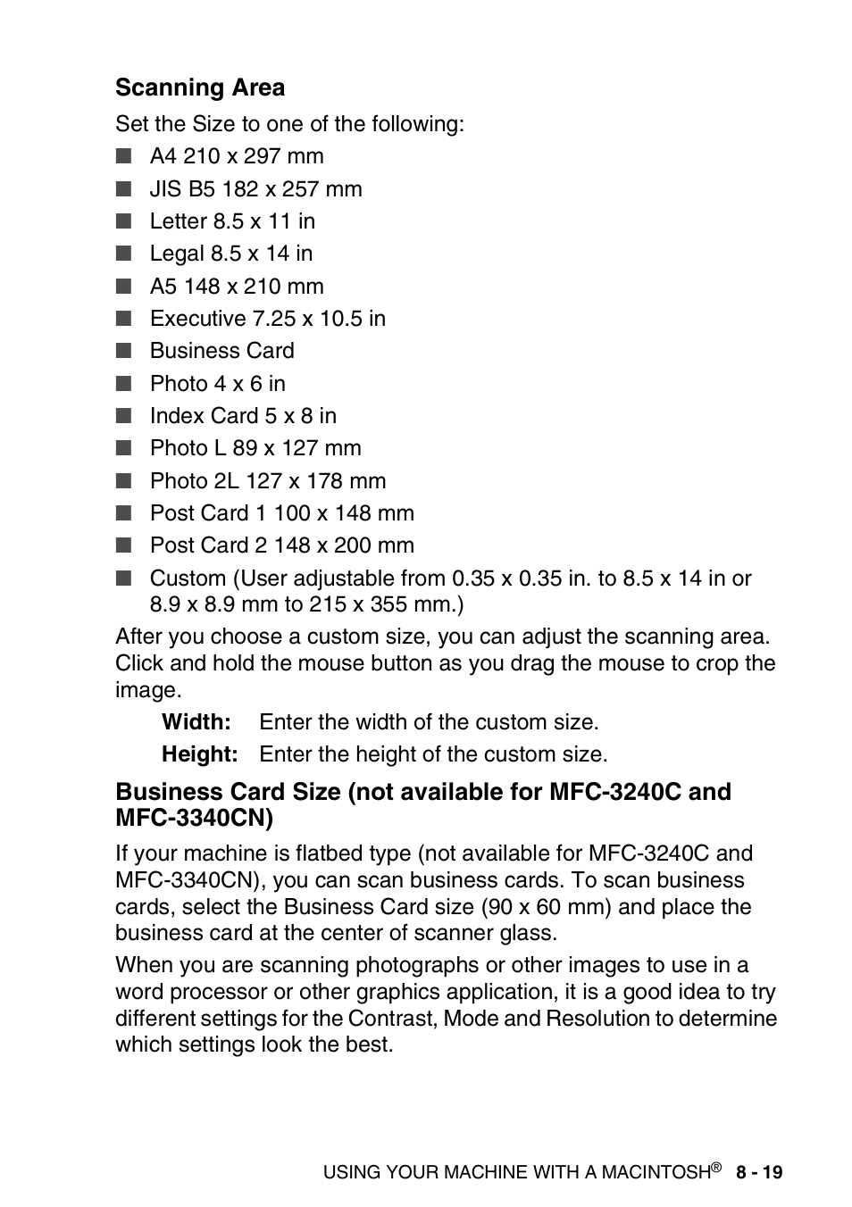 Scanning area, Mfc-3240c and mfc-3340cn) -19 | Brother MFC-3240C User Manual | Page 141 / 173