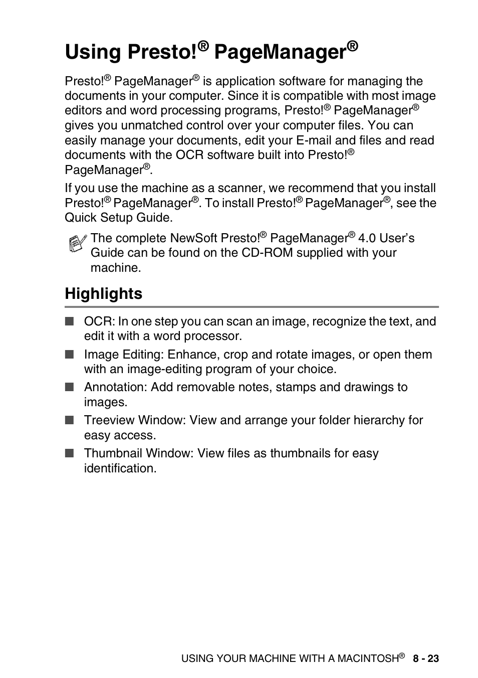 Highlights, Using presto, Highlights -23 | Pagemanager | Brother MFC-3240C User Manual | Page 145 / 173