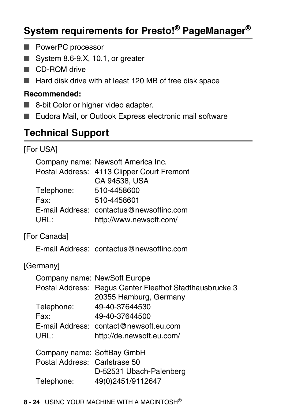 Technical support, System requirements for presto, Technical support -24 | Pagemanager | Brother MFC-3240C User Manual | Page 146 / 173