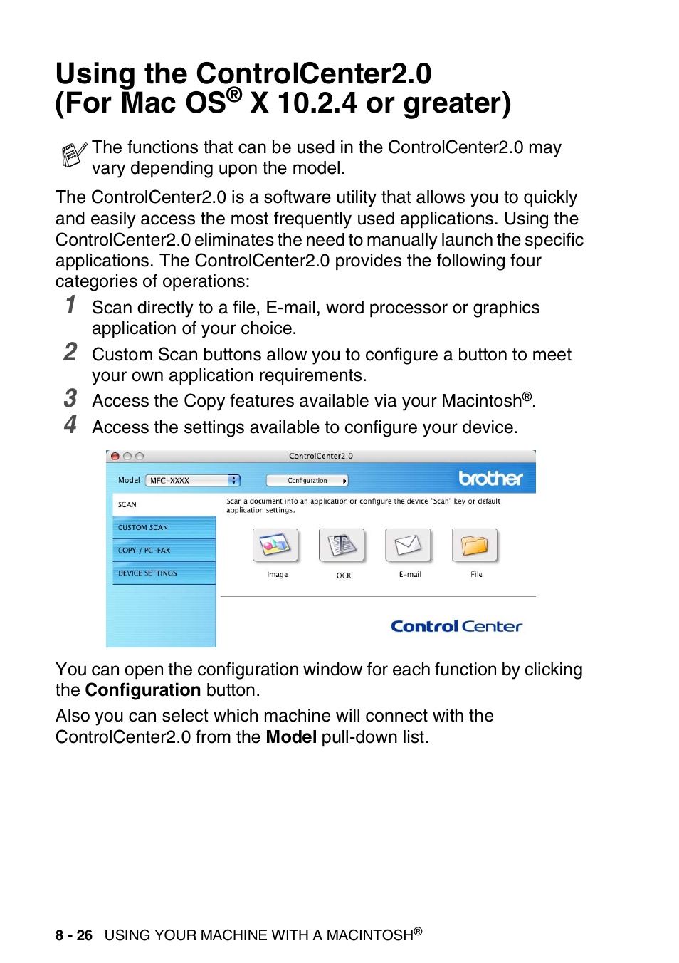 Using the controlcenter2.0, For mac os, X 10.2.4 or greater) -26 | See using the controlcenter2.0 (for mac, See using the, Controlcenter2.0 (for mac os, Using the controlcenter2.0 (for mac os, X 10.2.4 or greater) | Brother MFC-3240C User Manual | Page 148 / 173