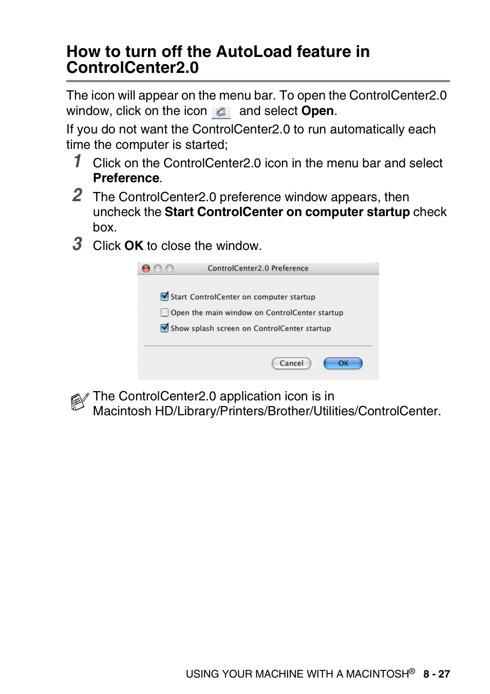 How to turn off the autoload feature in, Controlcenter2.0 -27 | Brother MFC-3240C User Manual | Page 149 / 173