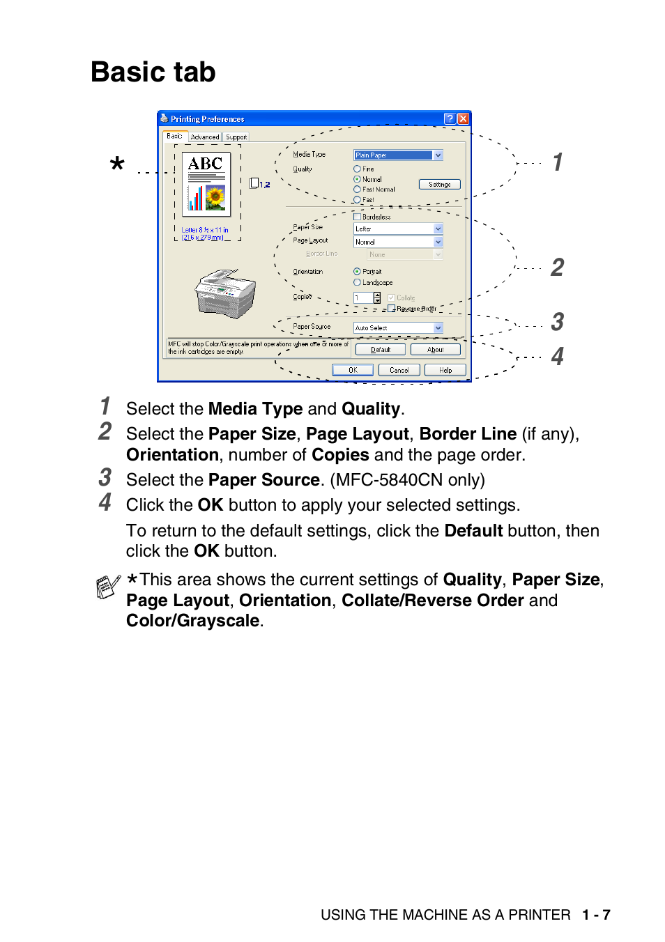 Basic tab, Basic tab -7 | Brother MFC-3240C User Manual | Page 15 / 173