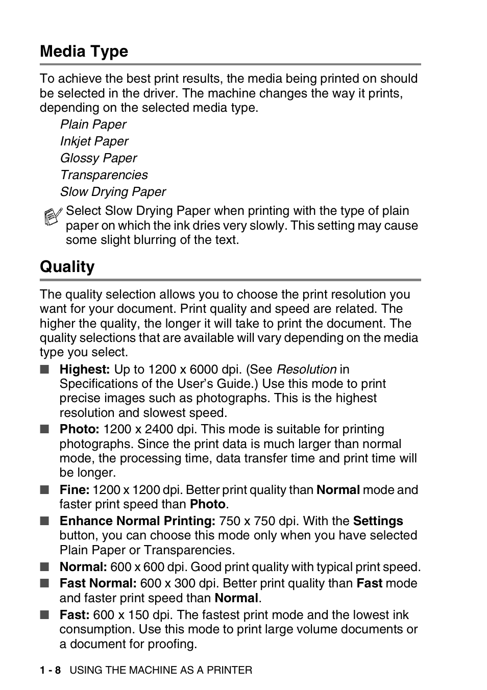 Media type, Quality, Media type -8 quality -8 | Brother MFC-3240C User Manual | Page 16 / 173