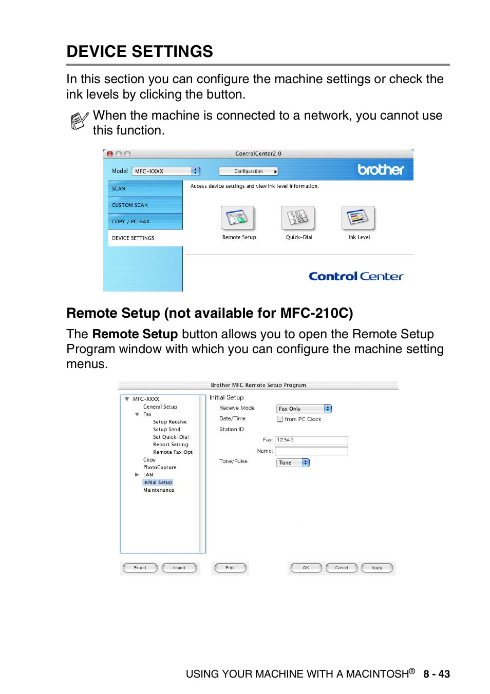 Device settings, Remote setup (not available for mfc-210c), Device settings -43 | Remote setup (not available for mfc-210c) -43 | Brother MFC-3240C User Manual | Page 165 / 173
