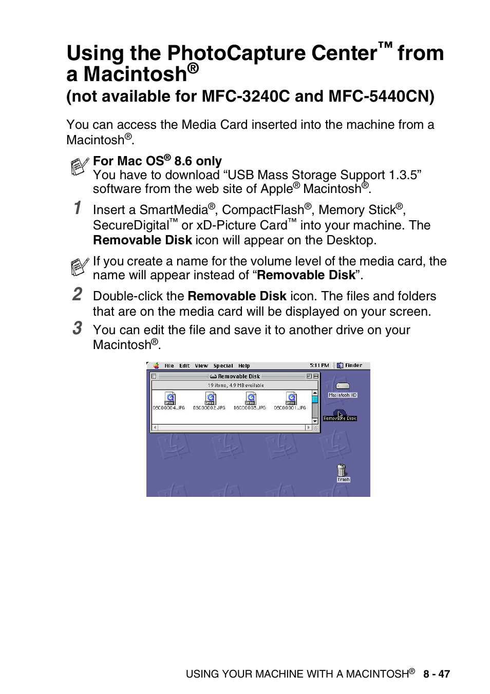 Using the photocapture center, From a macintosh, Not available for mfc-3240c and mfc-5440cn) -47 | Brother MFC-3240C User Manual | Page 169 / 173