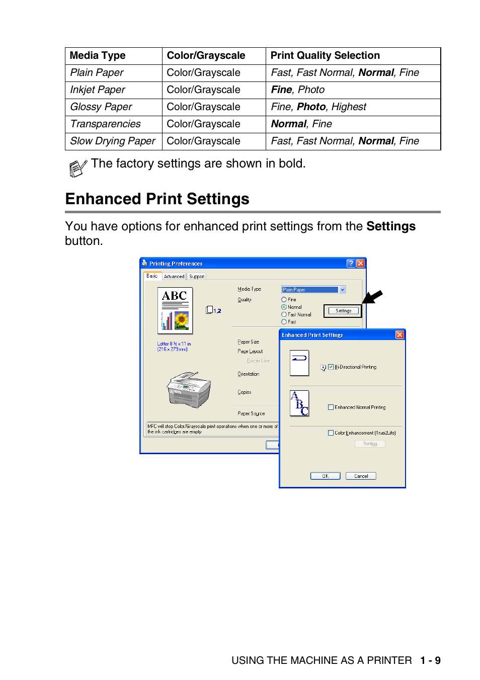 Enhanced print settings, Enhanced print settings -9, The factory settings are shown in bold | Brother MFC-3240C User Manual | Page 17 / 173