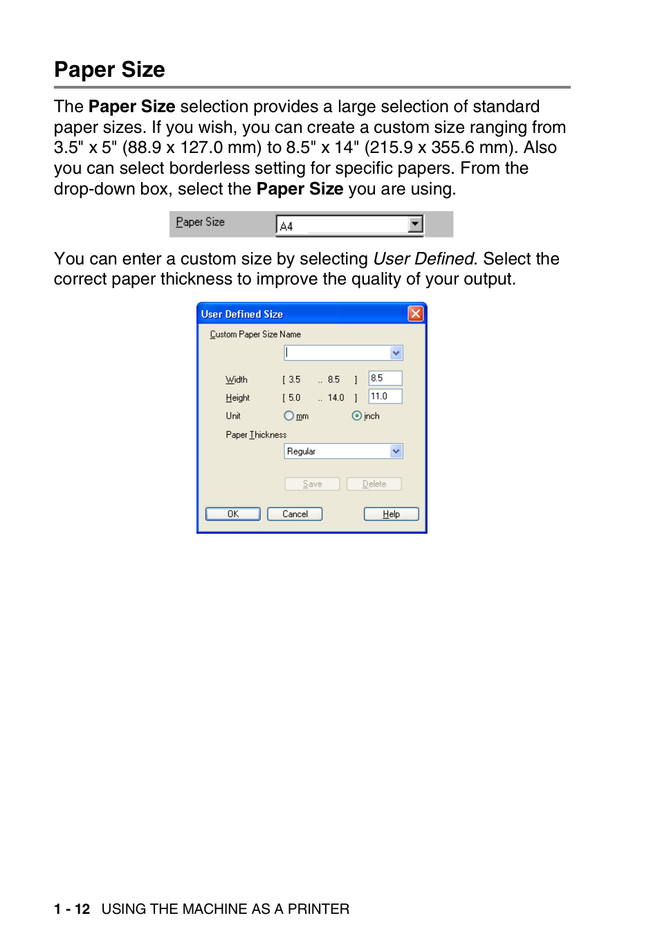 Paper size, Paper size -12 | Brother MFC-3240C User Manual | Page 20 / 173