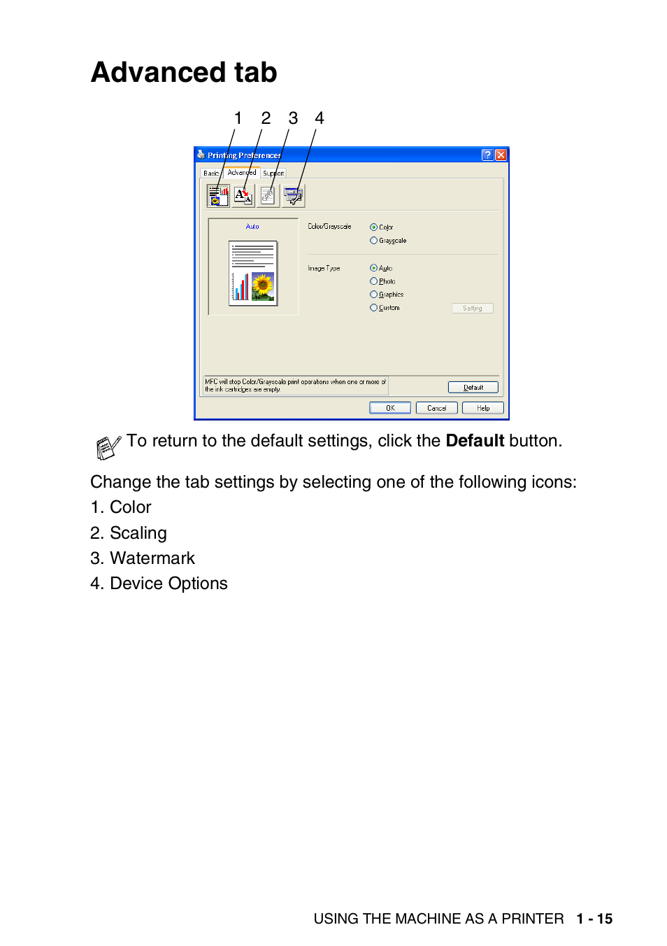 Advanced tab, Advanced tab -15 | Brother MFC-3240C User Manual | Page 23 / 173