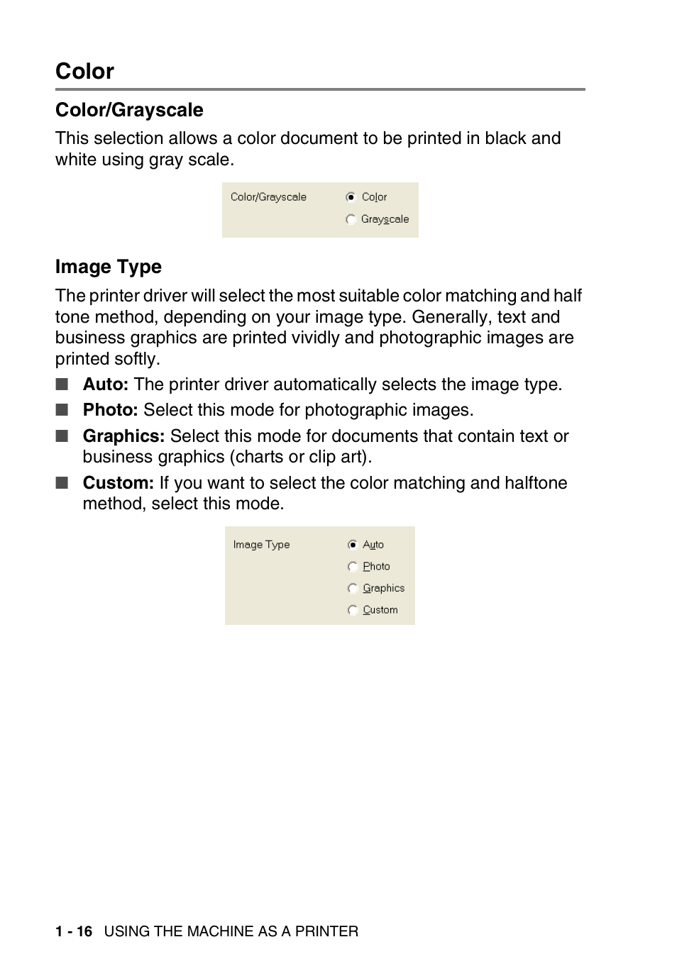 Color, Color/grayscale, Image type | Color -16, Color/grayscale -16 image type -16 | Brother MFC-3240C User Manual | Page 24 / 173