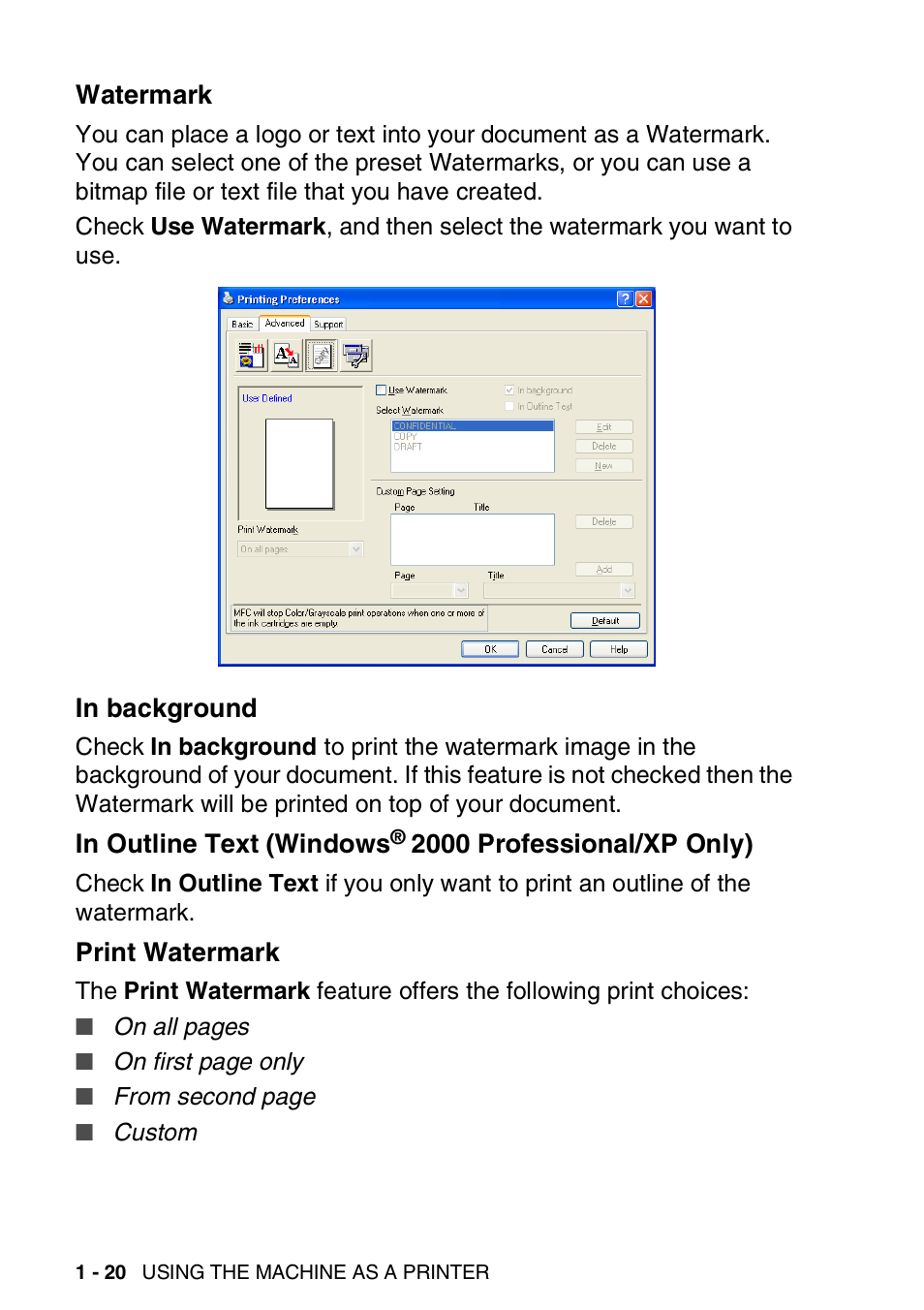 Watermark, In background, Print watermark | Watermark -20 in background -20 in outline text, Windows, 2000 professional/xp only) -20, Print watermark -20 | Brother MFC-3240C User Manual | Page 28 / 173