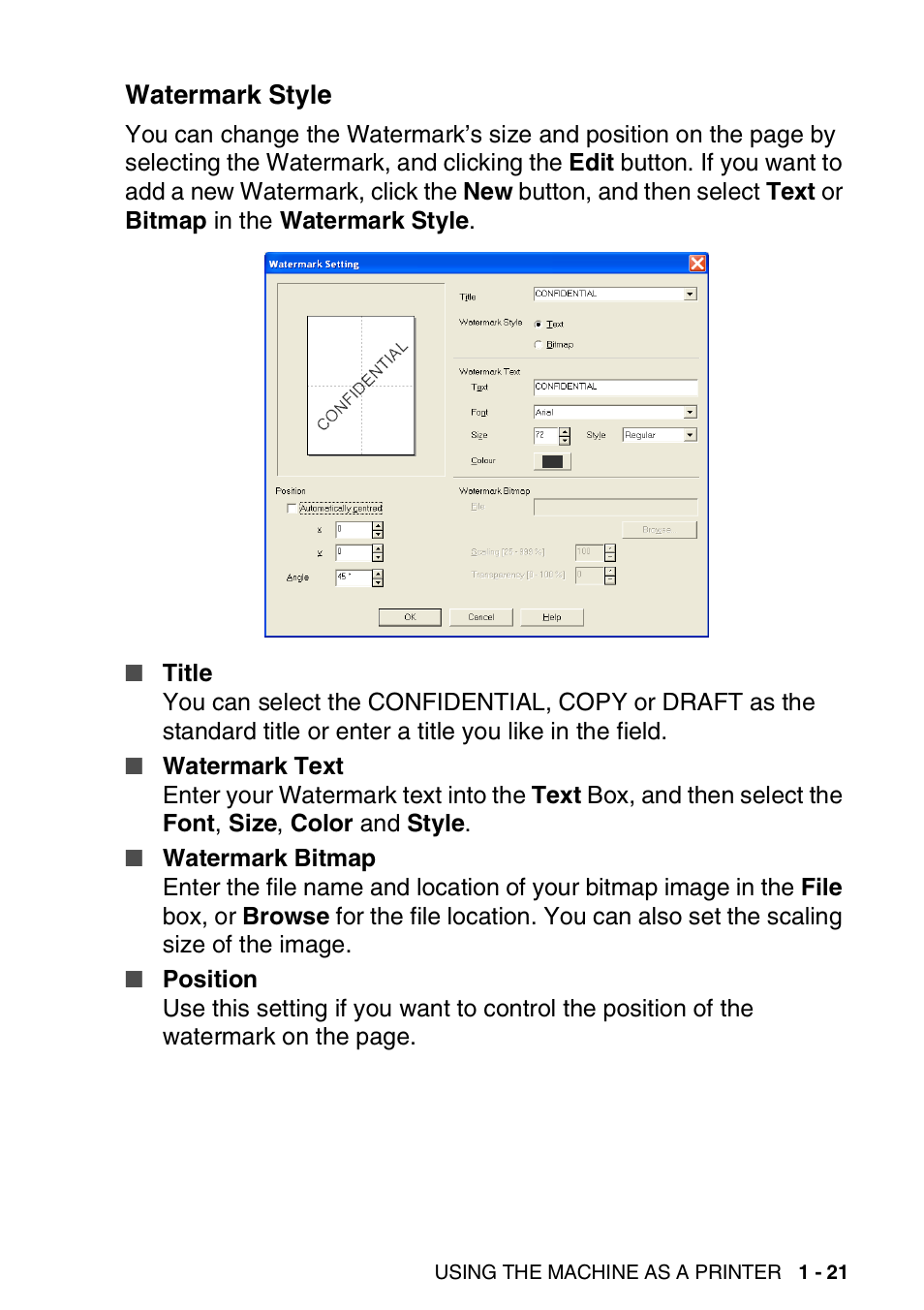 Watermark style, Watermark style -21 | Brother MFC-3240C User Manual | Page 29 / 173