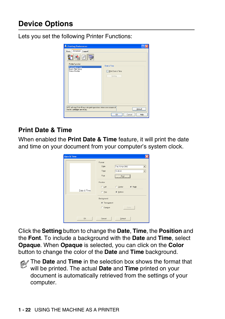 Device options, Print date & time, Device options -22 | Print date & time -22 | Brother MFC-3240C User Manual | Page 30 / 173