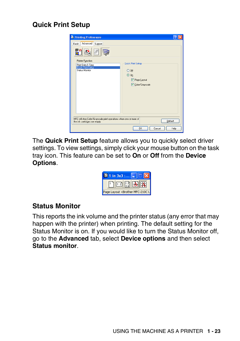 Quick print setup, Status monitor, Quick print setup -23 status monitor -23 | Brother MFC-3240C User Manual | Page 31 / 173