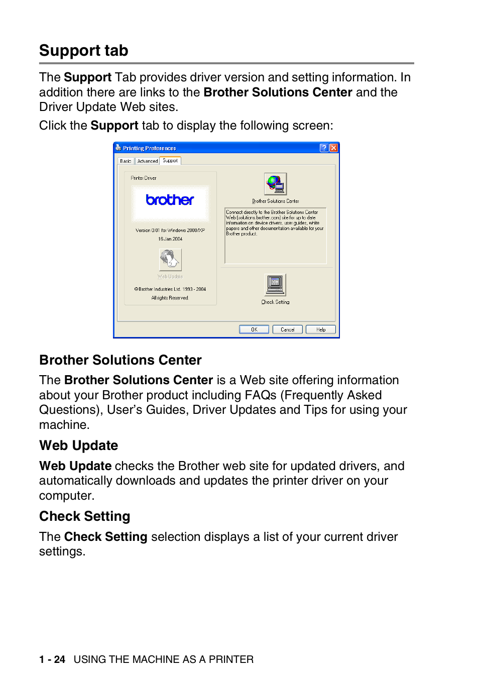 Support tab, Brother solutions center, Web update | Check setting, Support tab -24 | Brother MFC-3240C User Manual | Page 32 / 173