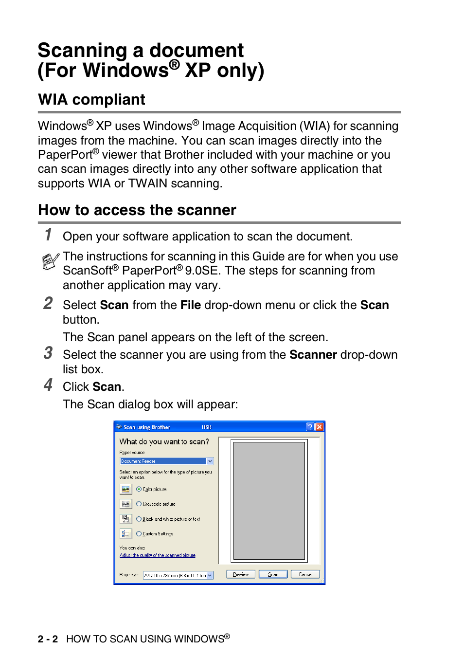 Scanning a document (for windows® xp only), Wia compliant, How to access the scanner | Scanning a document (for windows, Xp only) -2, Wia compliant -2 how to access the scanner -2, See scanning a document (for windows, Xp only) | Brother MFC-3240C User Manual | Page 34 / 173