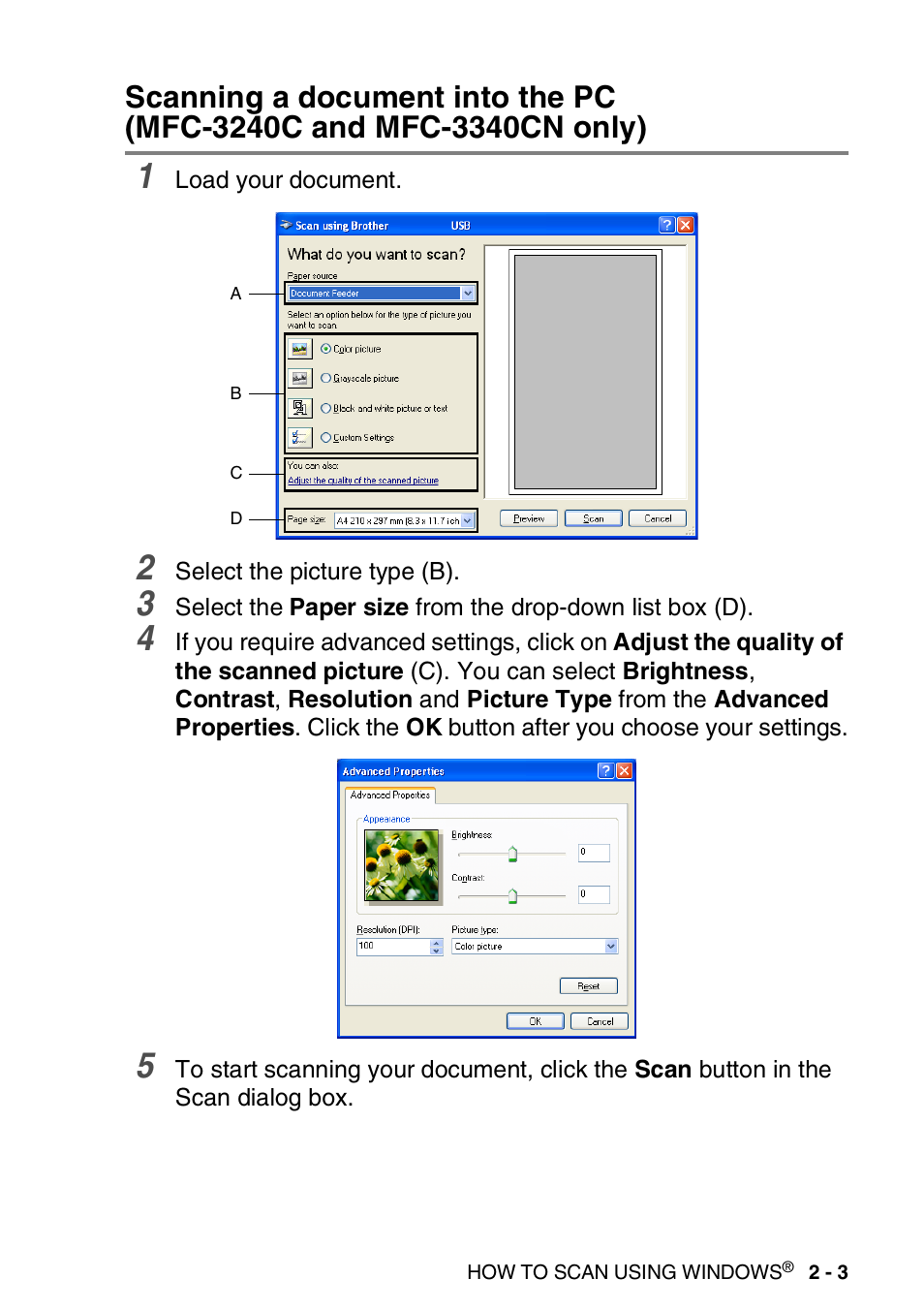 Scanning a document into the pc, Mfc-3240c and mfc-3340cn only) -3 | Brother MFC-3240C User Manual | Page 35 / 173