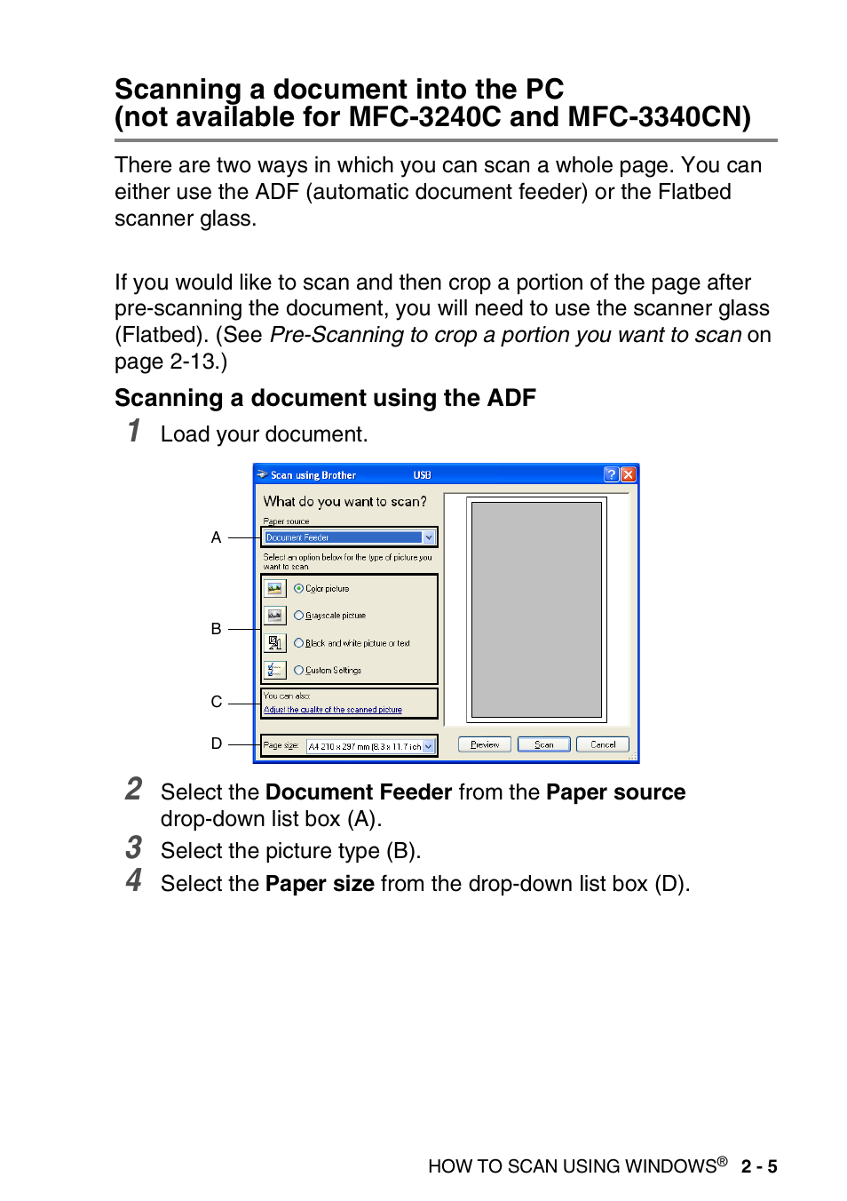 Scanning a document using the adf, Scanning a document into the pc | Brother MFC-3240C User Manual | Page 37 / 173