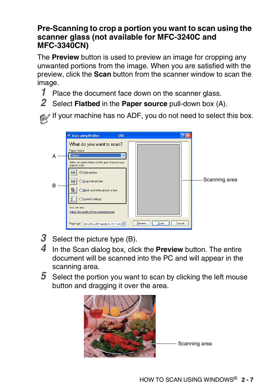 Pre-scanning to crop a portion you want to scan | Brother MFC-3240C User Manual | Page 39 / 173