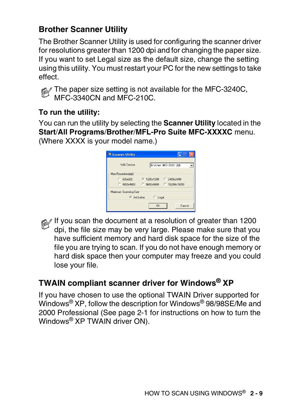 Brother scanner utility, Twain compliant scanner driver for windows® xp, Xp -9 | Twain compliant scanner driver for windows | Brother MFC-3240C User Manual | Page 41 / 173