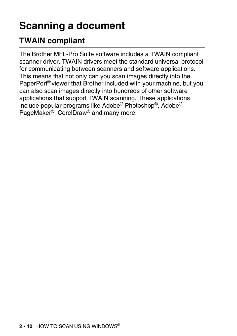Scanning a document, Twain compliant, Scanning a document -10 | Twain compliant -10 | Brother MFC-3240C User Manual | Page 42 / 173