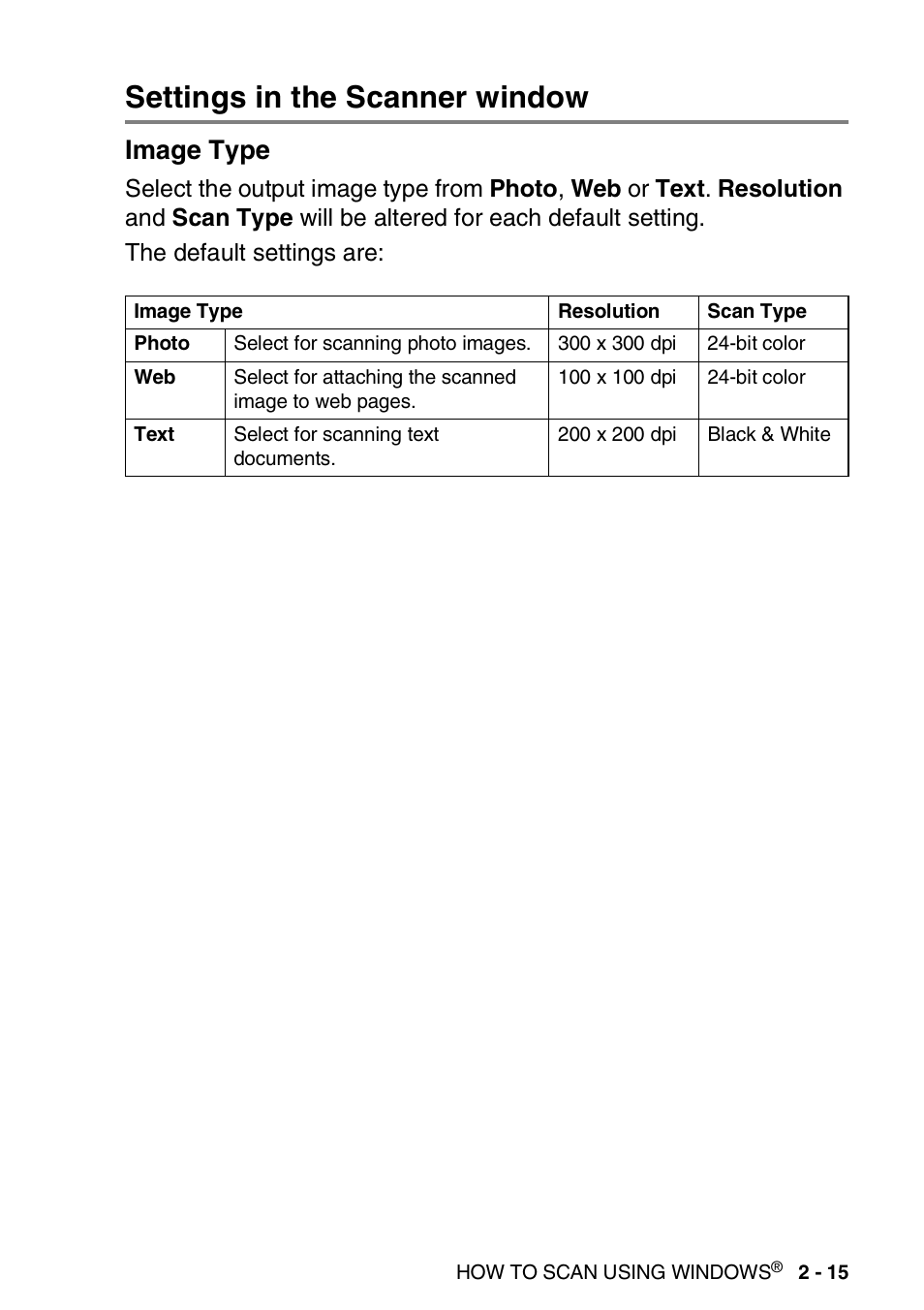 Settings in the scanner window, Image type, Settings in the scanner window -15 | Image type -15 | Brother MFC-3240C User Manual | Page 47 / 173