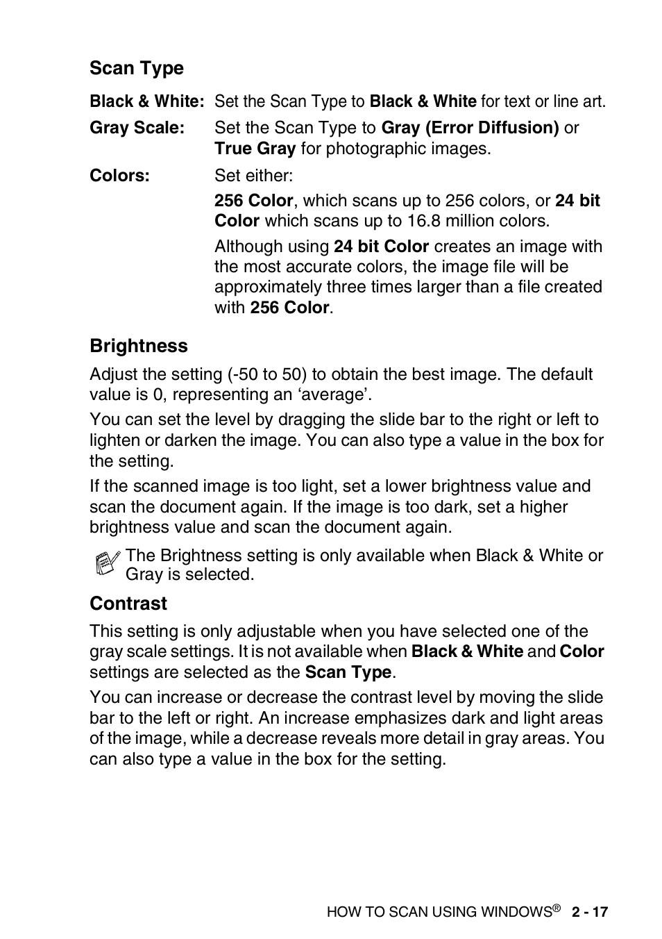 Scan type, Brightness, Contrast | Scan type -17 brightness -17 contrast -17 | Brother MFC-3240C User Manual | Page 49 / 173