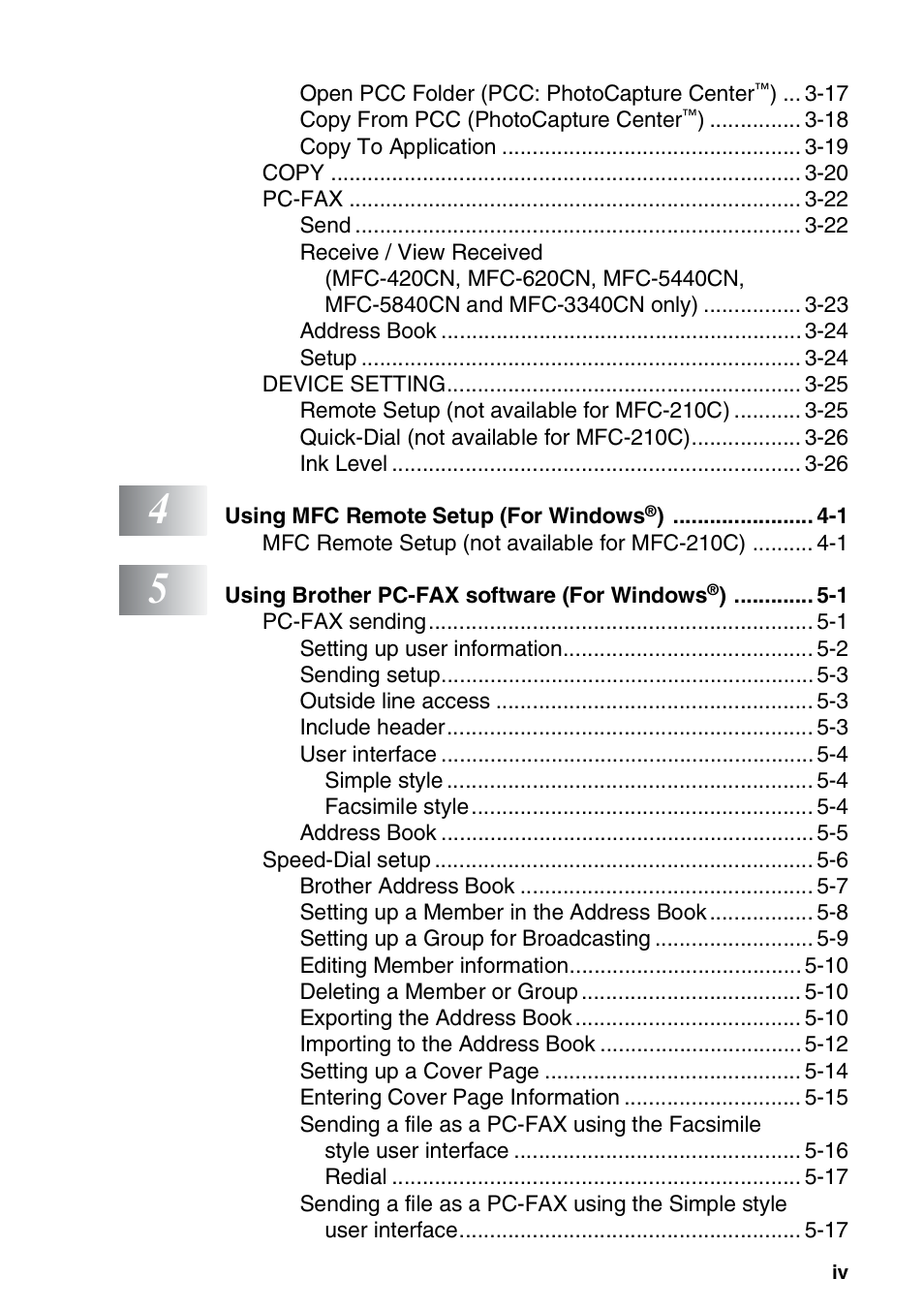 Brother MFC-3240C User Manual | Page 5 / 173