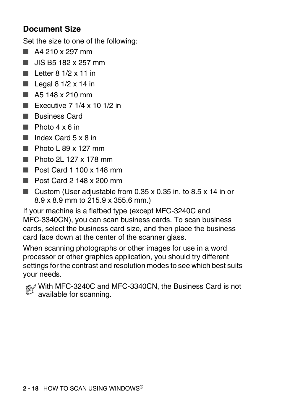 Document size, Document size -18 | Brother MFC-3240C User Manual | Page 50 / 173