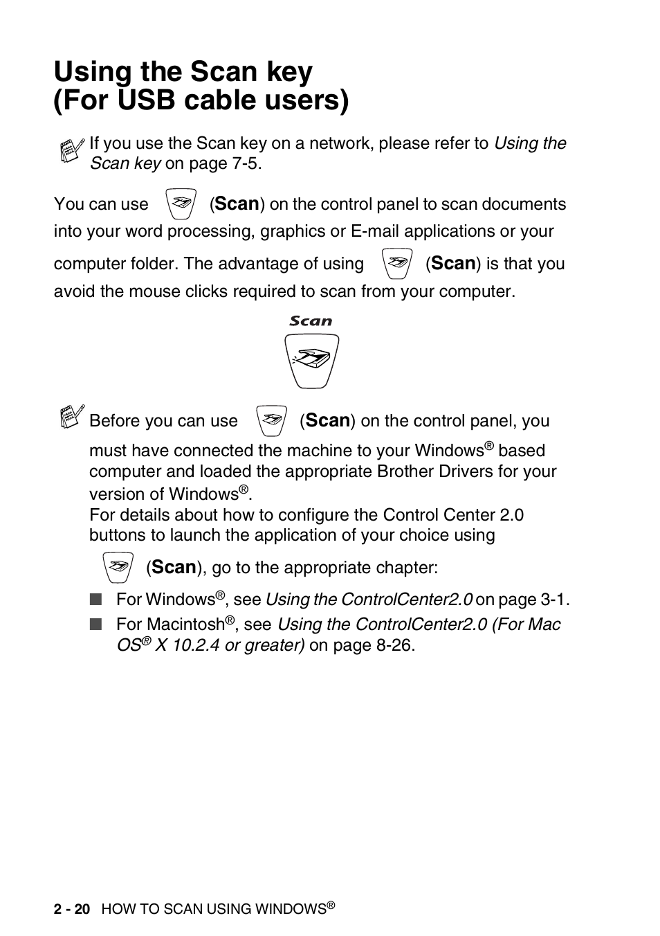 Using the scan key (for usb cable users), Using the scan key (for usb cable users) -20 | Brother MFC-3240C User Manual | Page 52 / 173