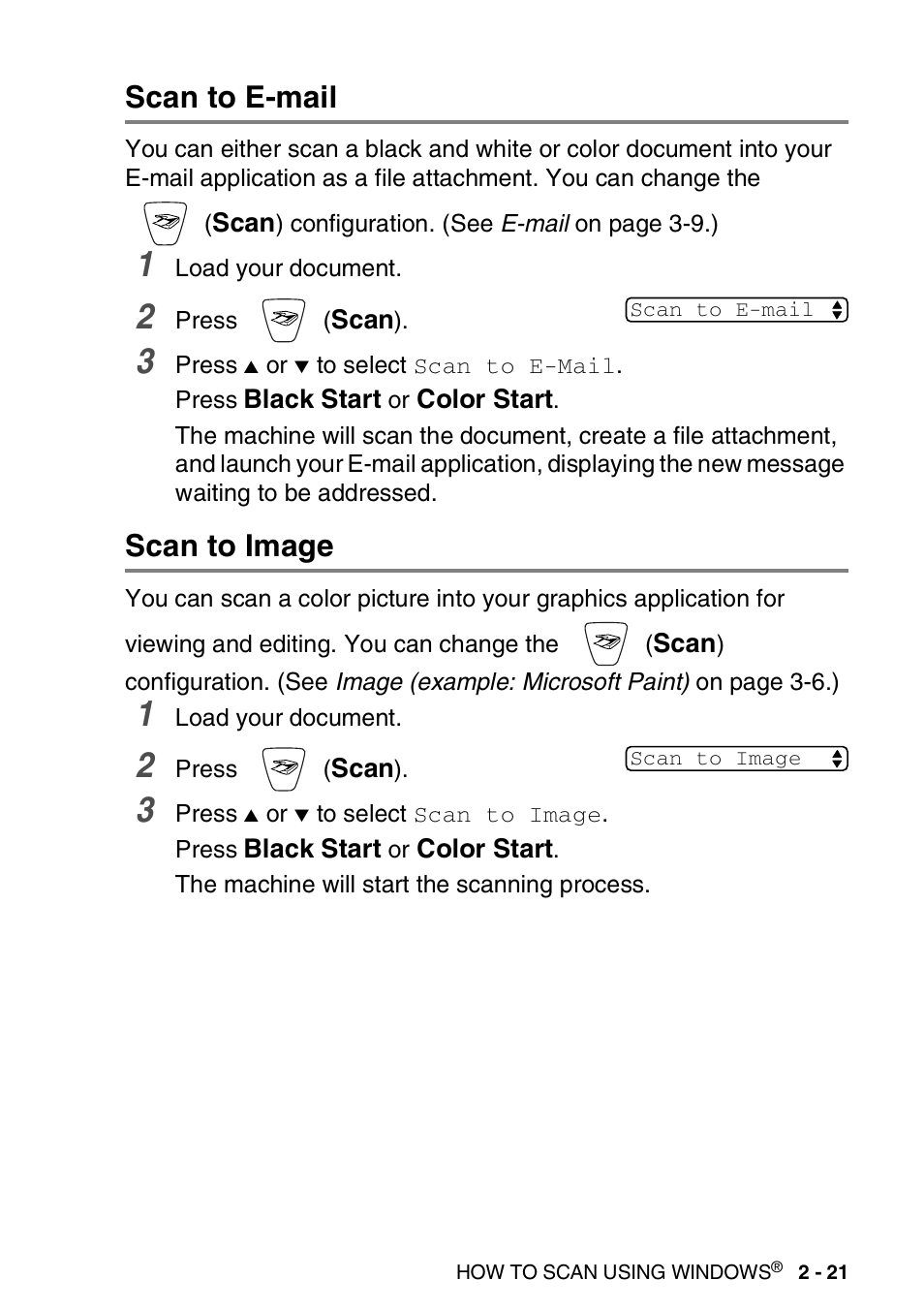 Scan to e-mail, Scan to image, Scan to e-mail -21 scan to image -21 | Brother MFC-3240C User Manual | Page 53 / 173
