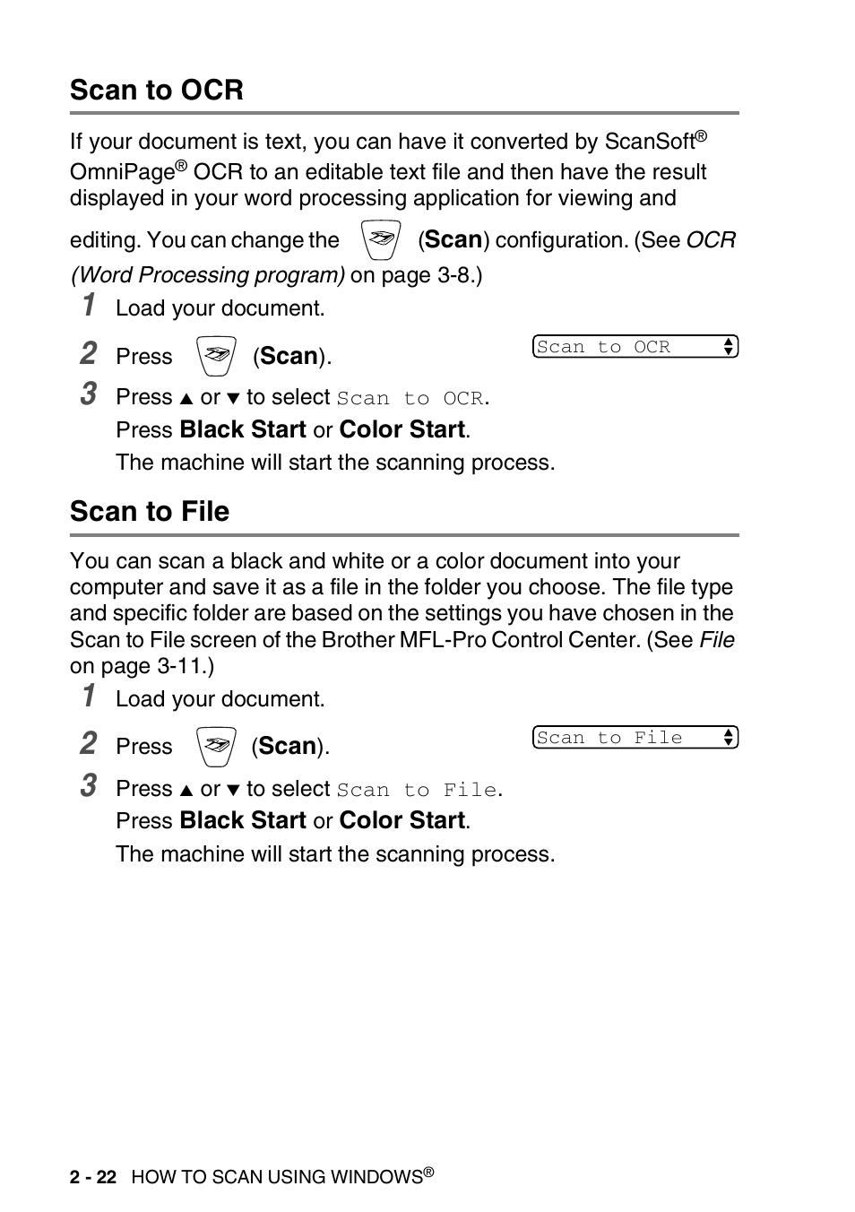 Scan to ocr, Scan to file, Scan to ocr -22 scan to file -22 | Brother MFC-3240C User Manual | Page 54 / 173