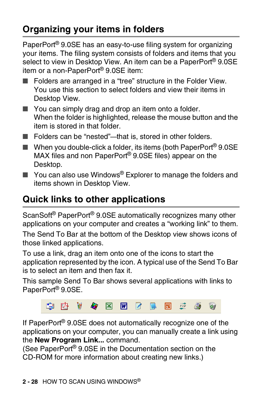 Organizing your items in folders, Quick links to other applications | Brother MFC-3240C User Manual | Page 60 / 173