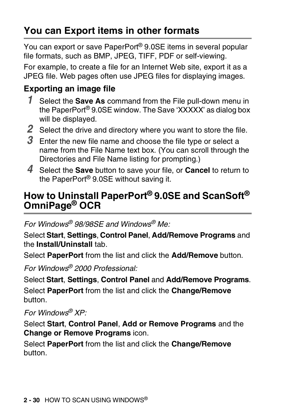 You can export items in other formats, Exporting an image file, You can export items in other formats -30 | Exporting an image file -30, How to uninstall paperport, 0se and scansoft, Ocr -30, Omnipage | Brother MFC-3240C User Manual | Page 62 / 173