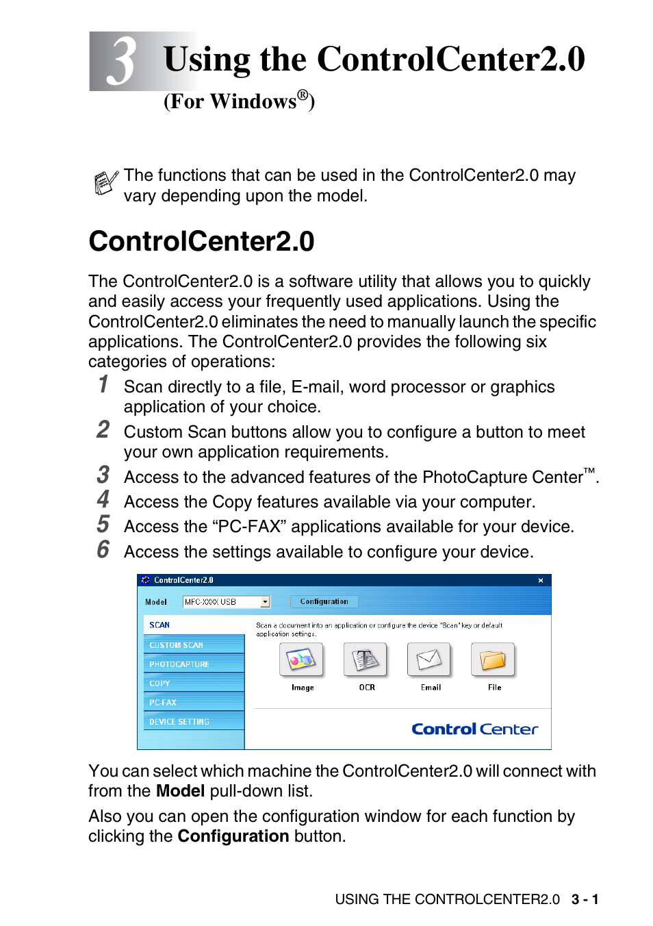 3 using the controlcenter2.0 (for windows®), Controlcenter2.0, Using the controlcenter2.0 (for windows | Controlcenter2.0 -1, Using the controlcenter2.0 | Brother MFC-3240C User Manual | Page 63 / 173