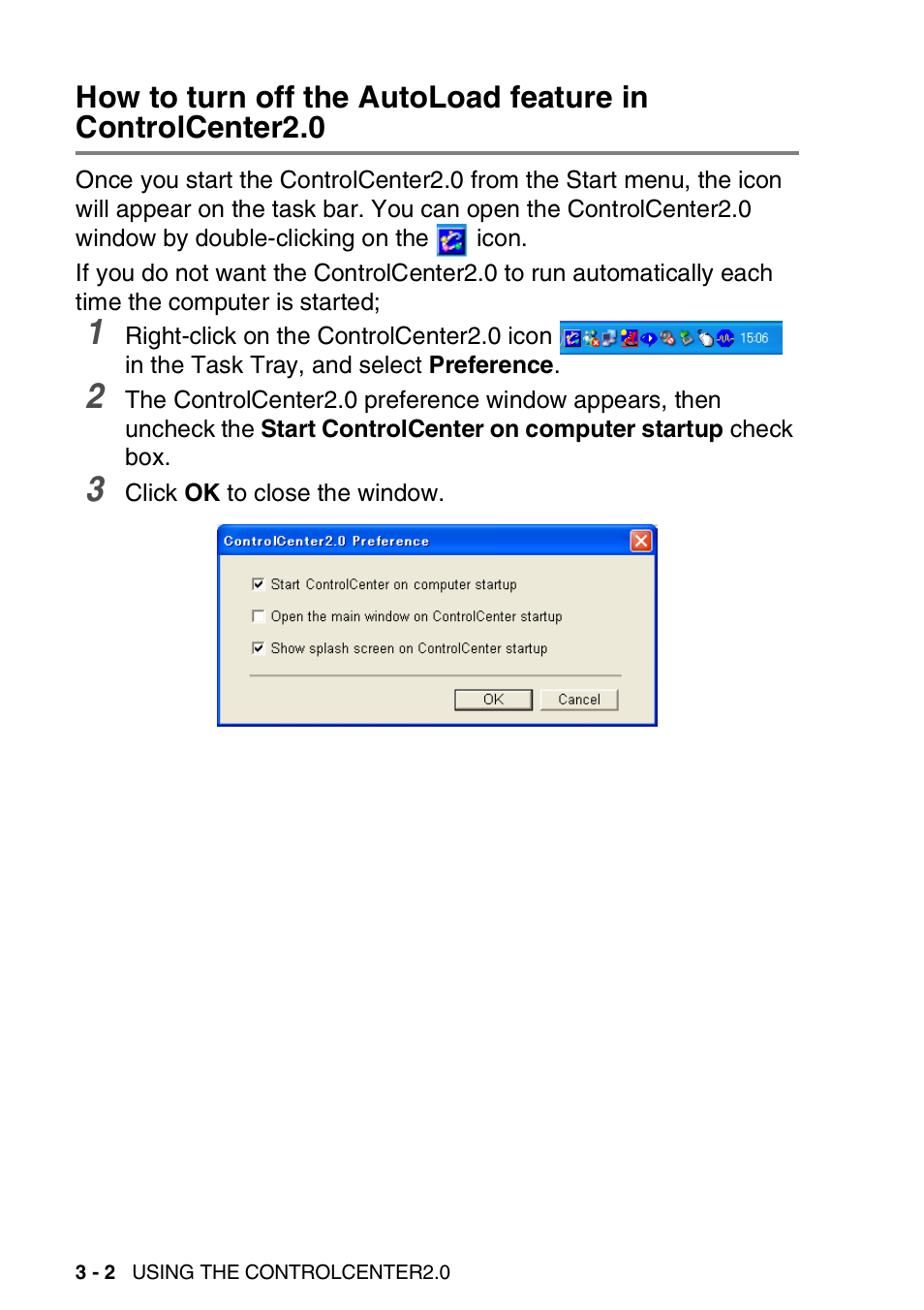 How to turn off the autoload feature in, Controlcenter2.0 -2 | Brother MFC-3240C User Manual | Page 64 / 173