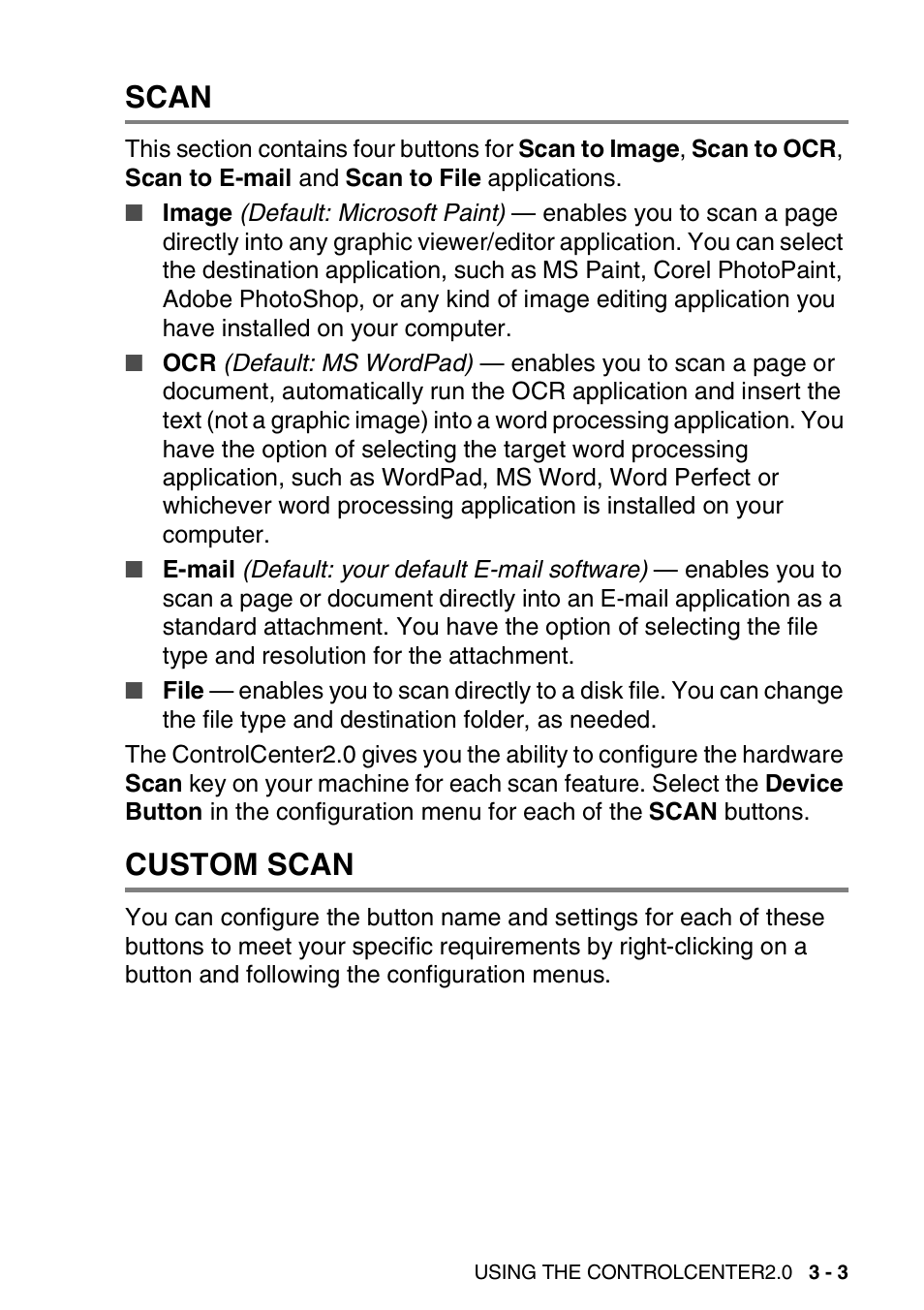 Scan, Custom scan, Scan -3 custom scan -3 | Brother MFC-3240C User Manual | Page 65 / 173