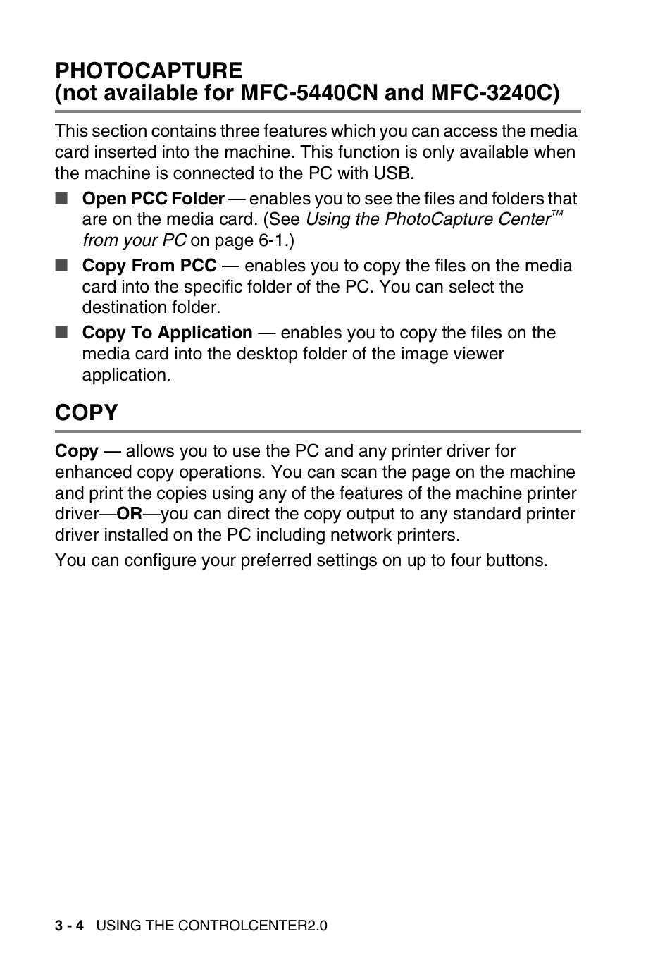 Copy, Photocapture, Not available for mfc-5440cn and mfc-3240c) -4 | Copy -4 | Brother MFC-3240C User Manual | Page 66 / 173