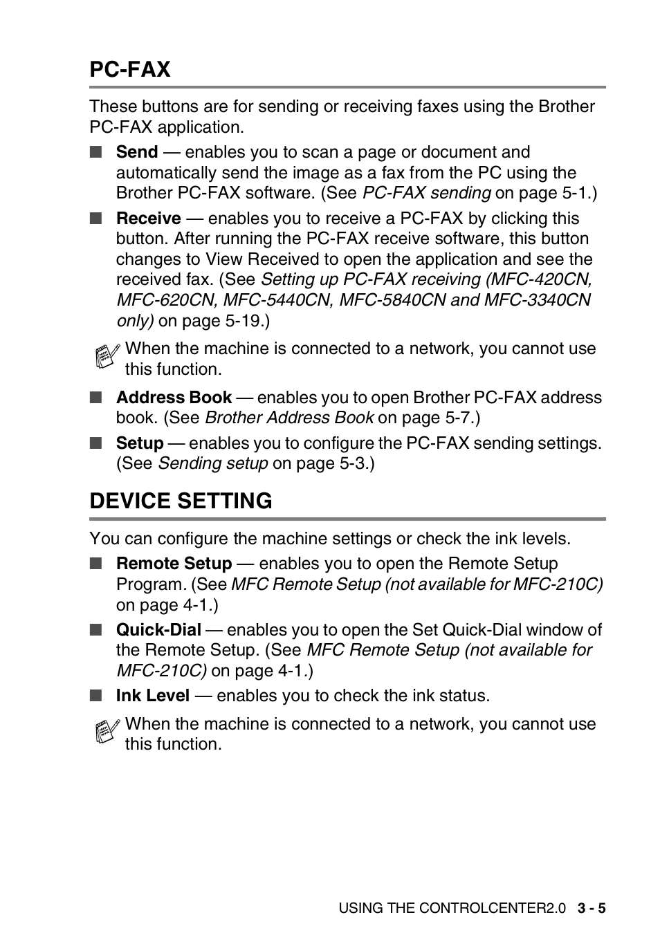 Pc-fax, Device setting, Pc-fax -5 device setting -5 | Brother MFC-3240C User Manual | Page 67 / 173